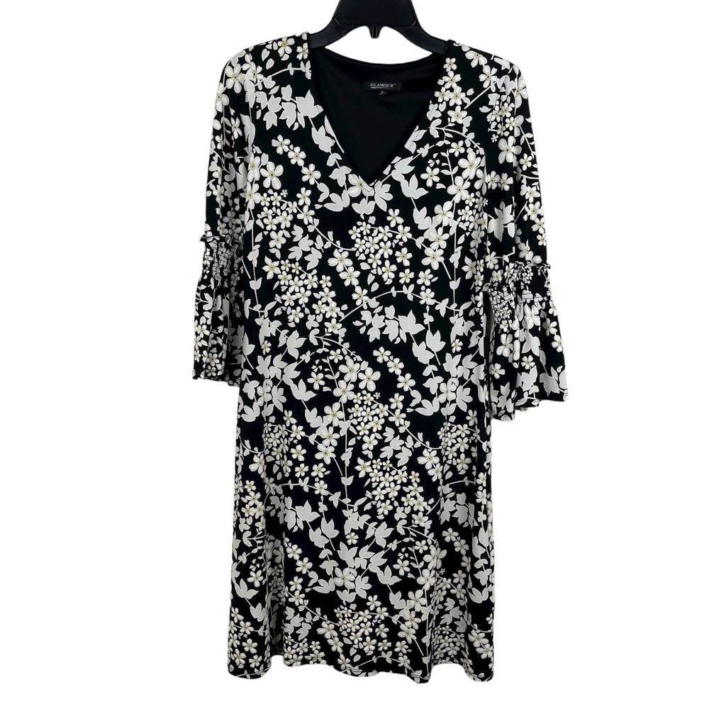 Glamour Women Floral Knee Bell Sleeve  V-Neck Dress Size 6